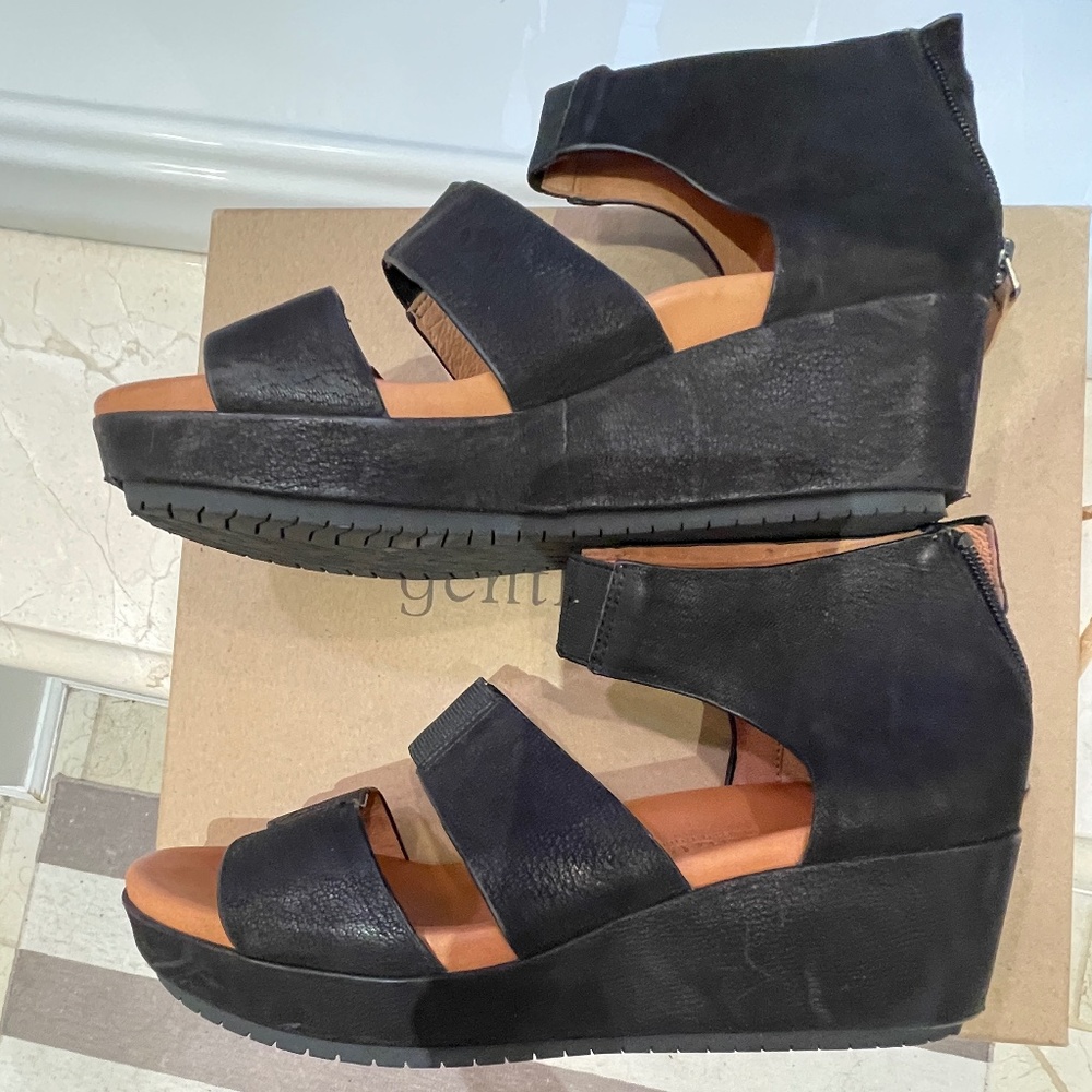 Gentle Souls black Nubuck wedge sandals size 7.5
